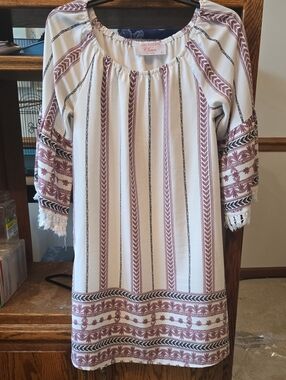 Southern Charm White Dress with Mauve Stripe Embroidery